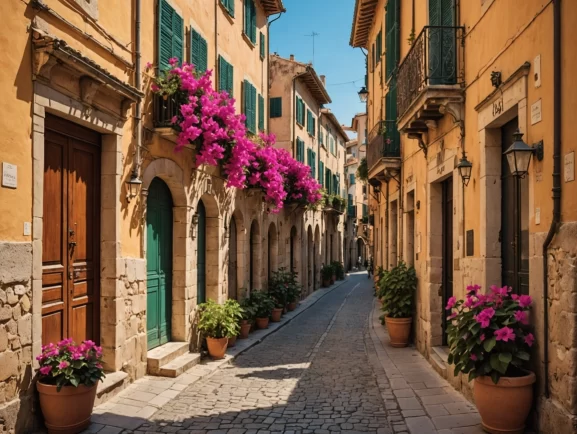Colorful streets of Vieux Nice with flowers and cafes